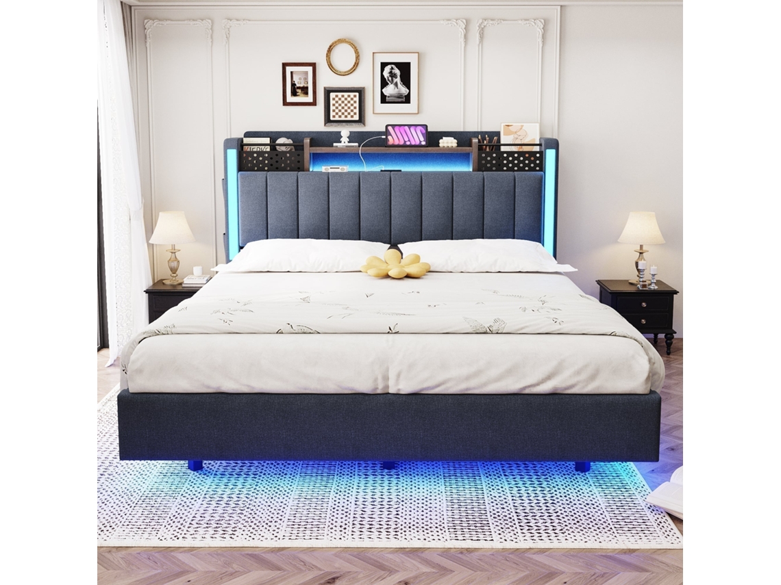 Cama 140x200cm Lin, Led, Usb, Compartimento Secreto, Suspensa, 250kg, Sem Colchão, Cinza KOMHTOM