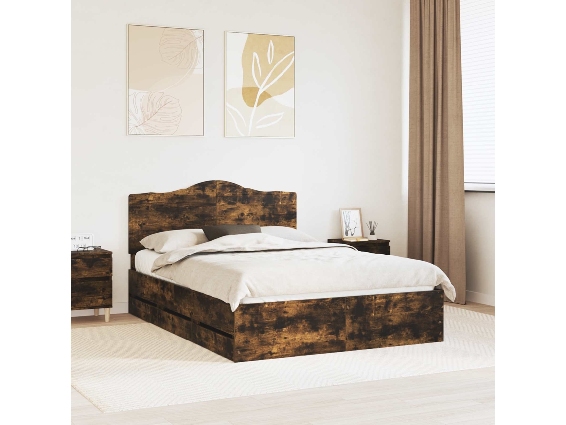 Vidaxl Estrutura da Cama com Gaveta Carvalho Fumado 140 X 200 Cm