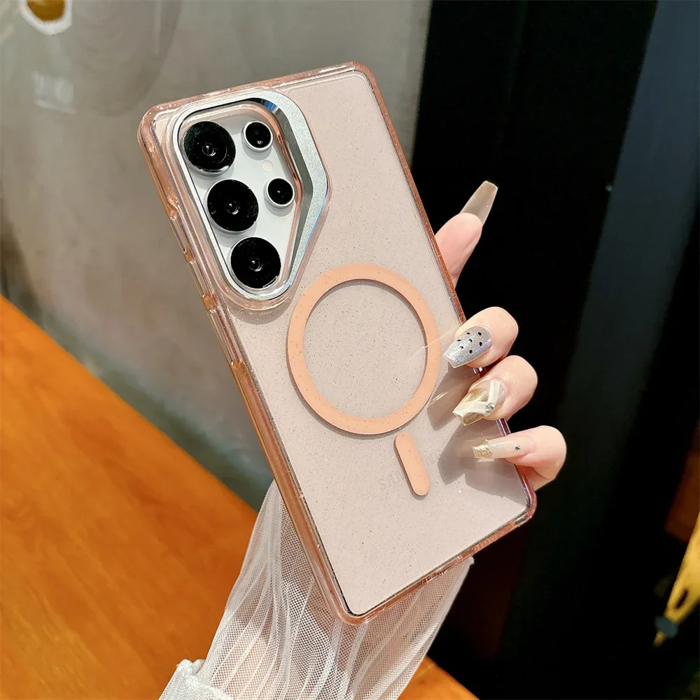 Capa Para Celular (galaxy S23fe Rosa) Com Suporte Para Lente Magsafe Em Metal E Glitter Transparente