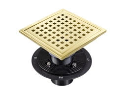 Ralo de Piso Quadrado de 4 Polegadas para Chuveiro, com Flange de Base Ajustável, em Aço Inoxidável Sus 304, Acabamento Dourado Escovado. AQUAFORGE