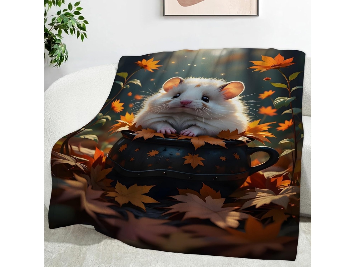 Manta com Estampa de Folha Bordo e Hamster Desenho Animado 150x200 Cm Multifuncional Macia Aconchegante em Fla