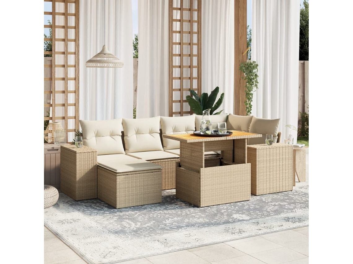 Vidaxl 7 Pcs Conjunto De Sofás P/ Jardim Com Almofadões Vime Pe Bege