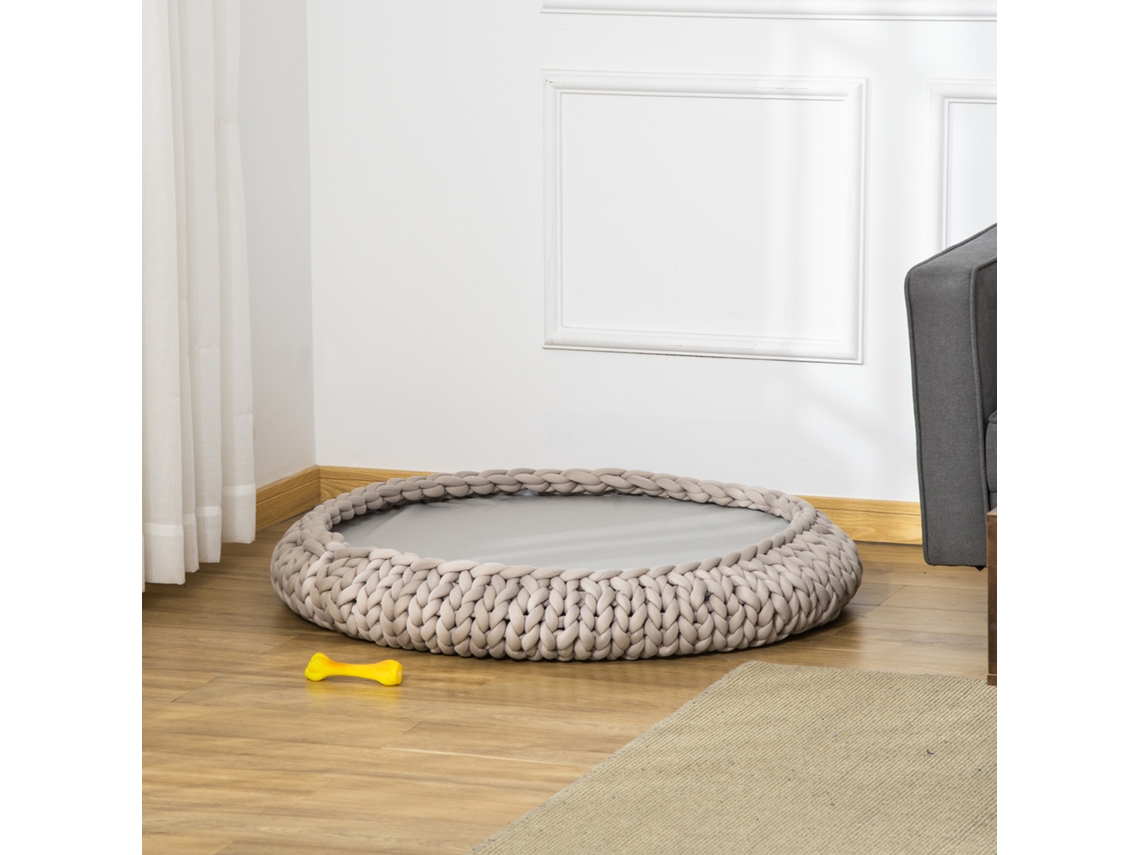 Cama Redonda E Gatos Com Bordas Elevadas E Almofada, Cama Acolchoada Com Efeito Aveludado, Φ93x15cm, Cinza