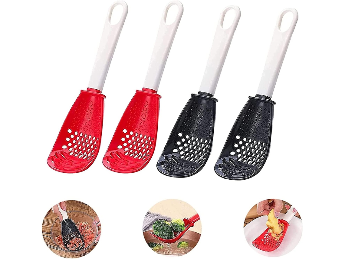 4 Colheres de Cozinha Versáteis Skim, Crivo Filtro Primário, Materiais Resistentes Ao Calor (2 Vermelhas + 2 Pretas)