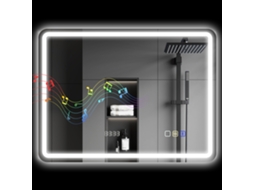 Espelho De Casa De Banho Com Luz Led 80x60 Cm Bluetooth 3 Cores De Luz Relógio Digital Função Antiembaciamento Memória Prata