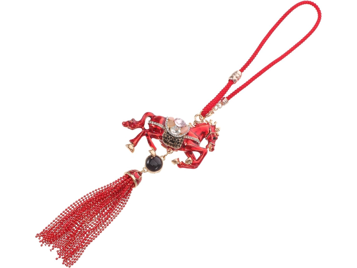 Pingente Metálica Strass Espelho Retrovisor Decoração Cavalo Chinês Pendurar Borla Vermelha Ornamento Festival GOKOCO