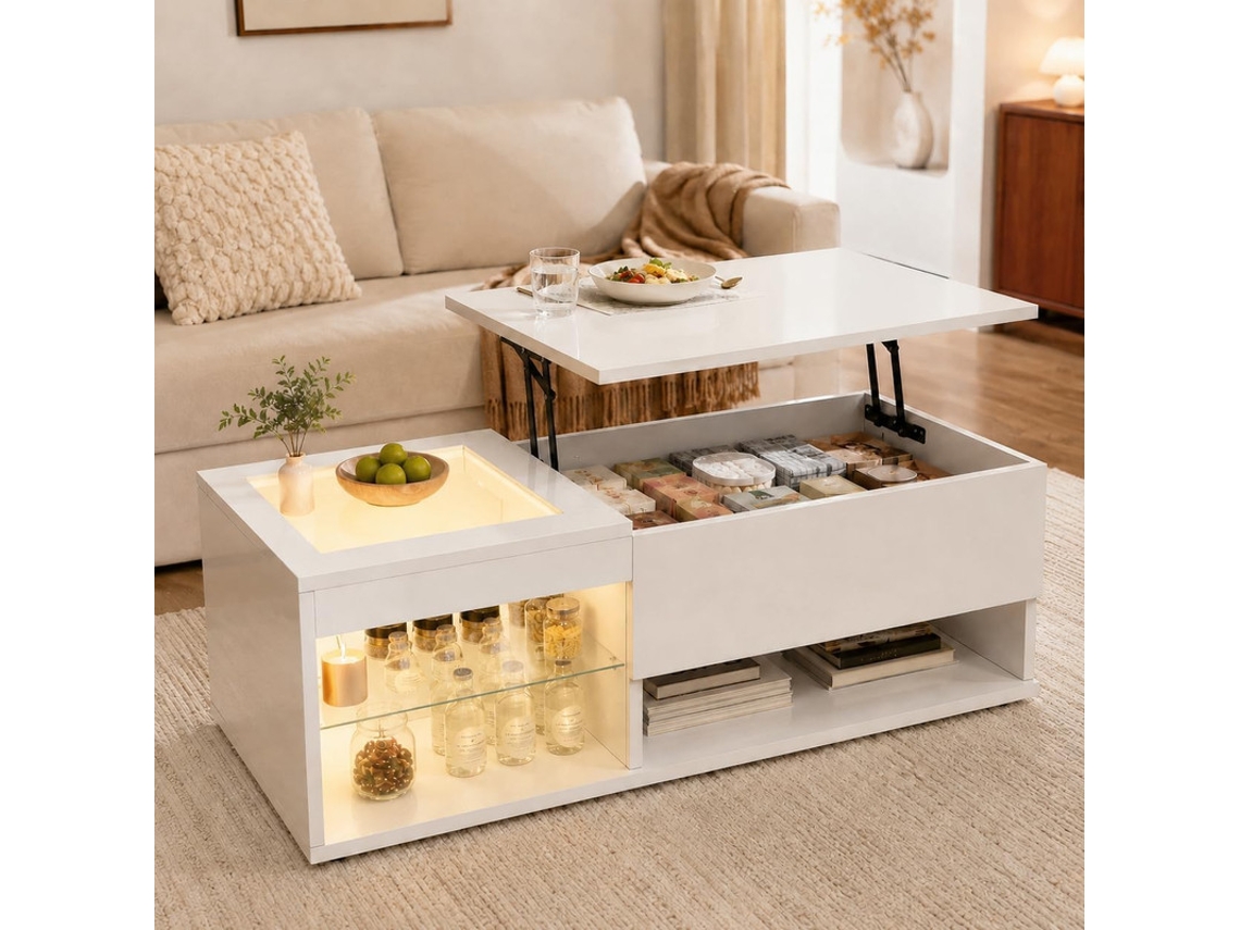 Mesa De Centro Com Tampo Elevatório E Iluminação Led,com Espaço De Arrumação, Compartimentos Abertos E Prateleiras Em Vidro, Branca Brilhante