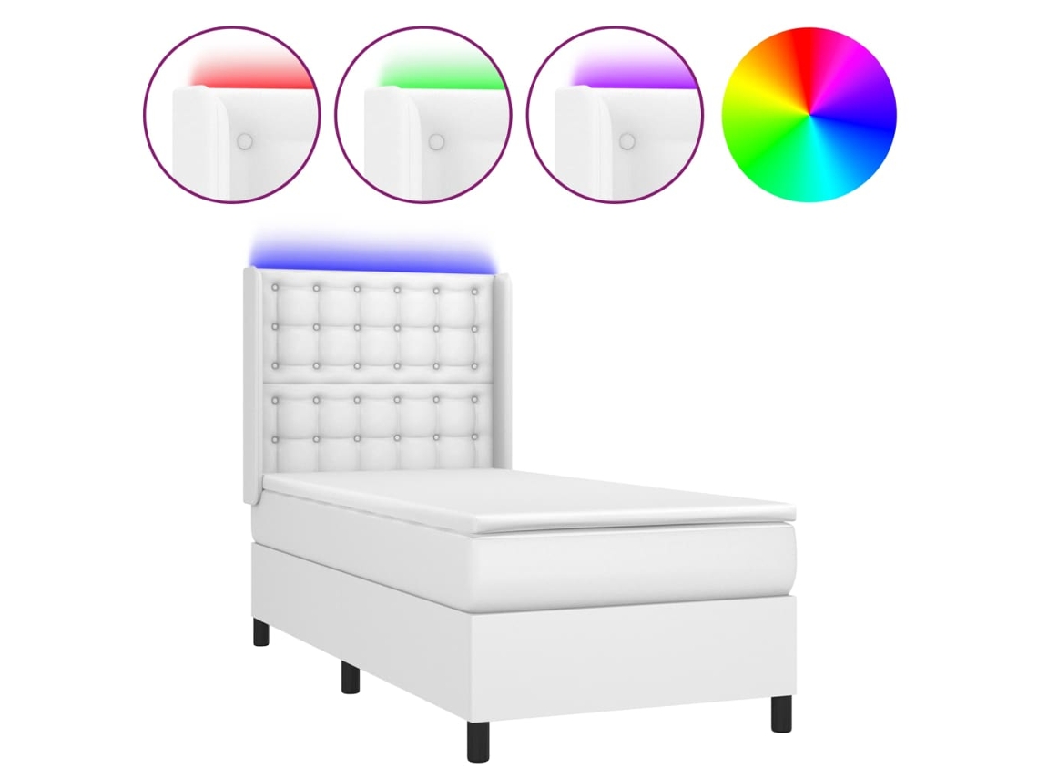 Cama Box Spring com Colchão e Led Couro Artificial Branco MAISON EXCLUSIVE (90x200 cm)