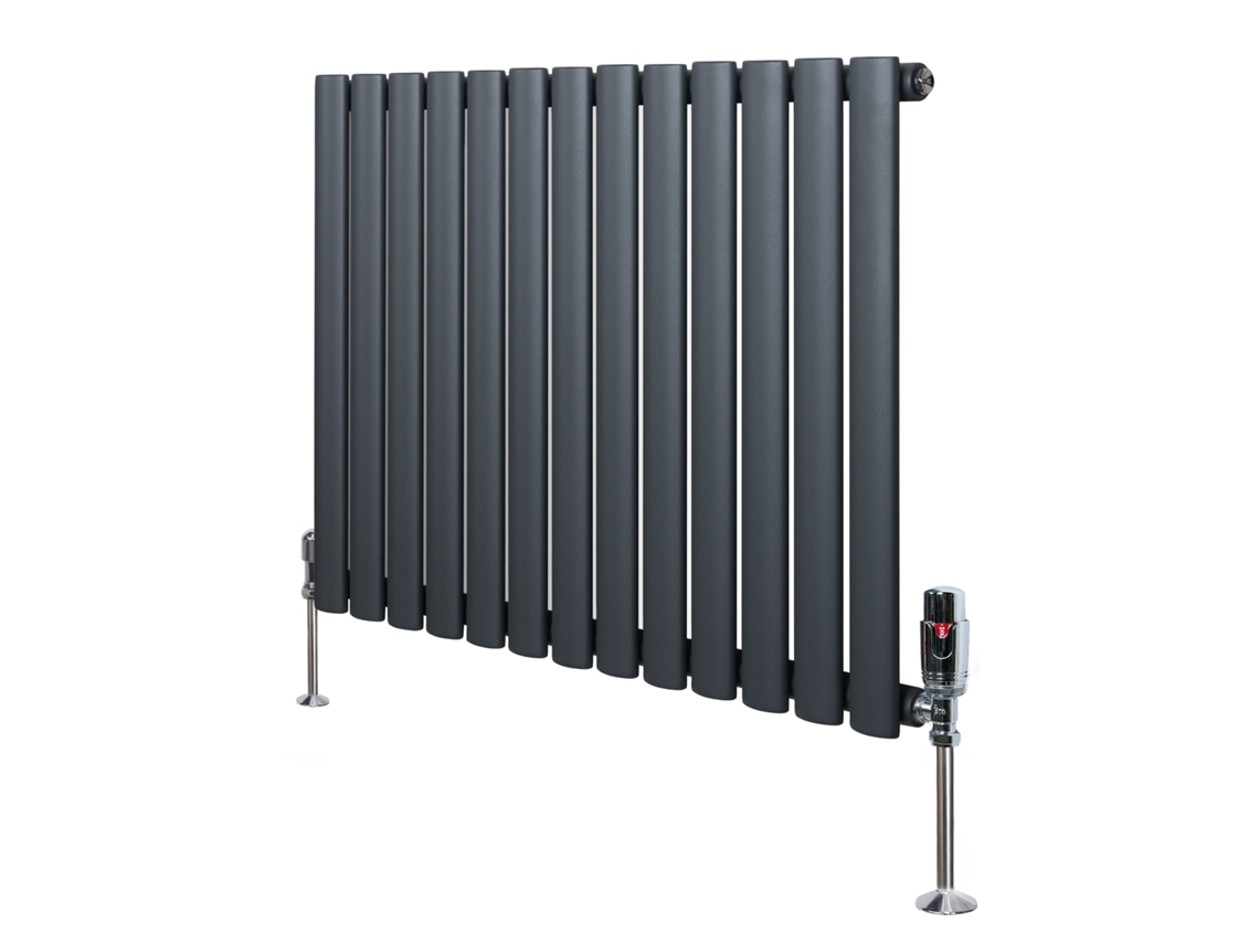 Radiador Oval De Coluna Única 600x780 Mm - Cinzento Antracite, 742w, Aço Carbono, Válvulas Termostáticas Cromadas,