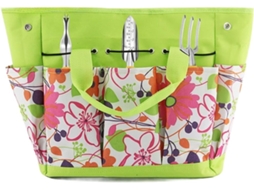 Bolsa organizadora para ferramentas de jardinagem com estampa floral, projetada para armazenamento e transporte eficientes.