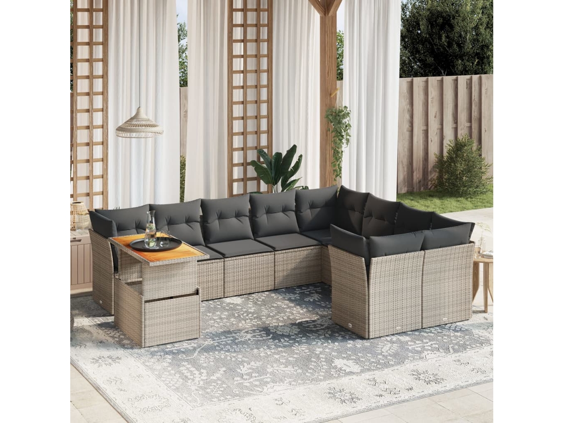 Vidaxl 10 Pcs Conjunto Sofás De Jardim C/ Almofadões Vime Pe Cinzento
