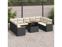 Vidaxl 10 Pcs Conjunto Sofás Jardim C/ Almofadões Vime Pe/acácia Preto