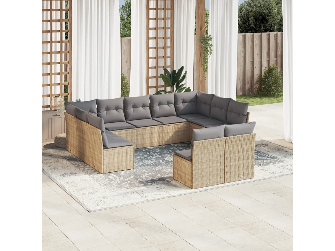 Vidaxl 11 Pcs Conjunto Sofás De Jardim C/ Almofadões Vime Pe Bege