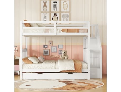Cama Beliche 140x200cm Em Madeira De Pinho Com 2 Gavetas E Uma Cama Extra Branca Estilo