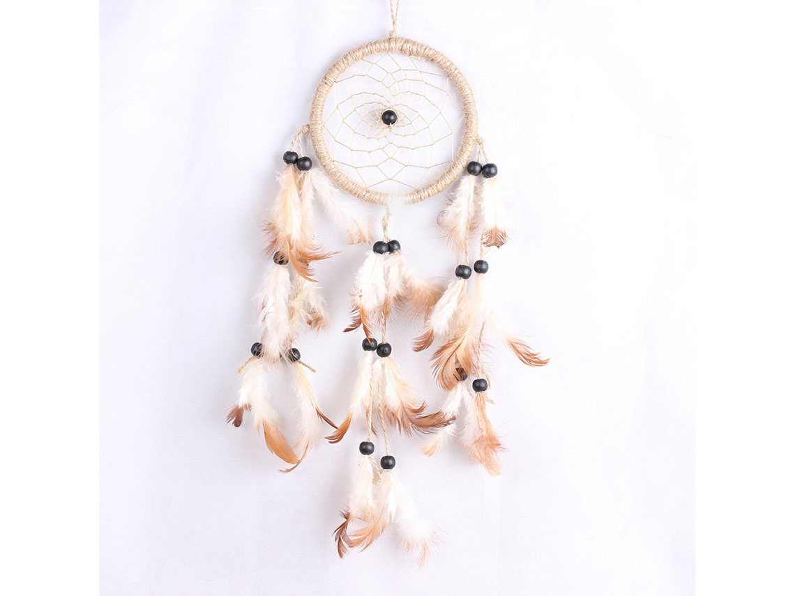 Dreamcatcher Artesanal - Com Contas E Penas - Ornamento Pendente - Decoração Casa E Carro - 11x45 Cm - Branco
