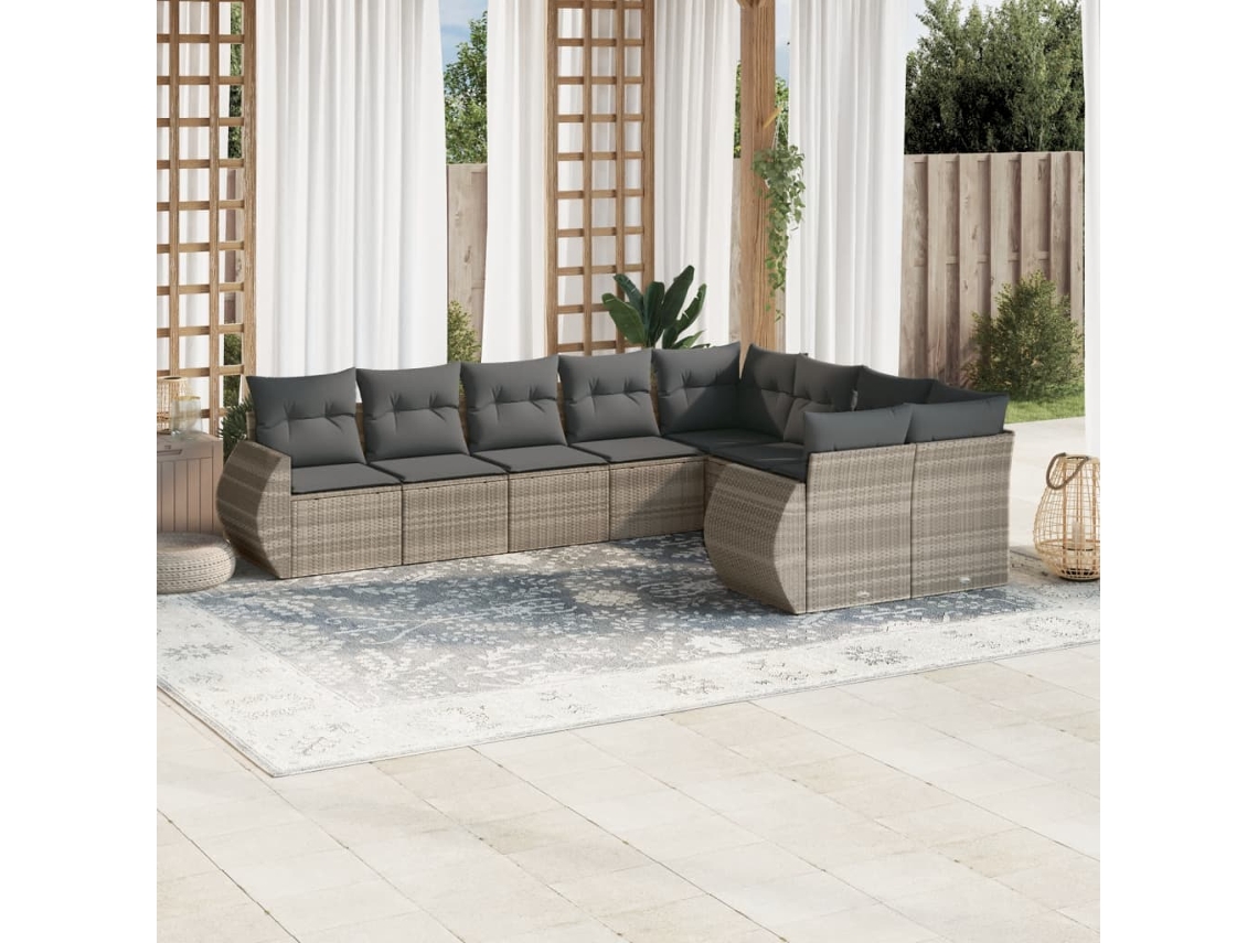 Vidaxl 9 Pcs Conj. Sofás Jardim com Almofadões Vime Pe Cinzento claro