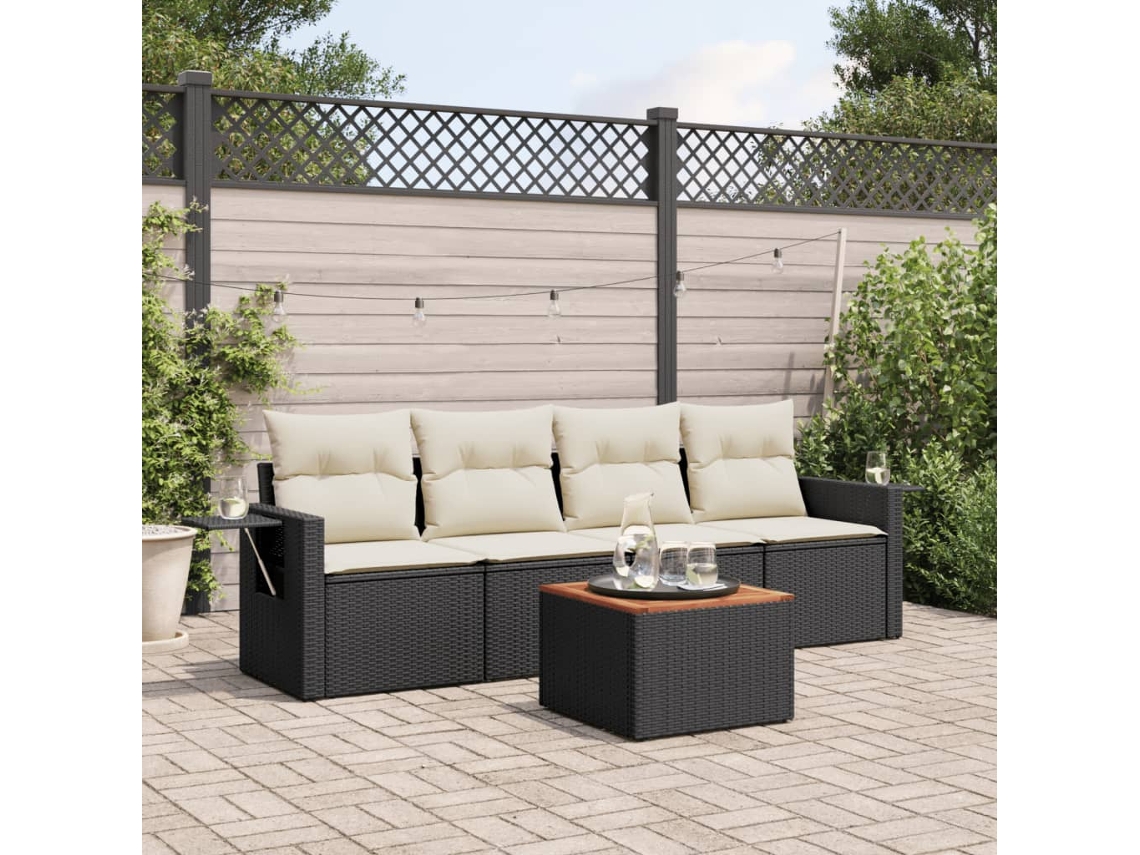 Vidaxl 5 Pcs Conjunto Sofás De Jardim Com Almofadões Vime Pe Preto