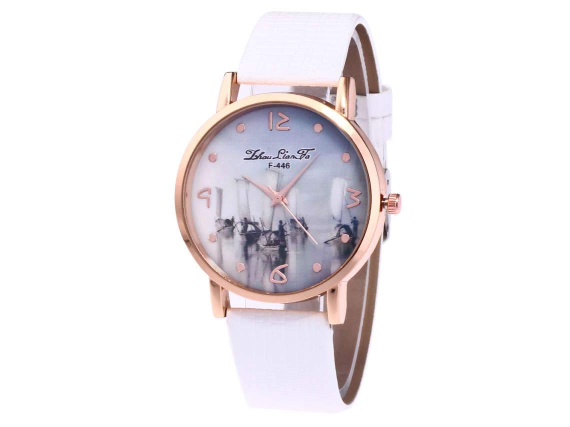 Relógio unissex Zhoulianfa, modelo Quartz, com pulseira de couro branca.