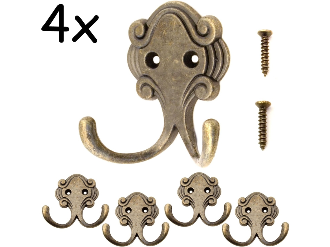Conjunto De 4 Ganchos Duplos Antigos Para Casacos E Toalhas, Em Ferro Com Design Em Bronze E Latão, Estilo Vintage Rústico Retrô
