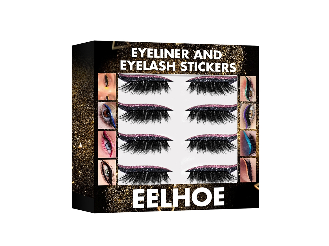 4 Pares Eyeliner E Stickers De Cílios 2 Em 1 Reutilizáveis Autoadesivos Glitter Brilhantes