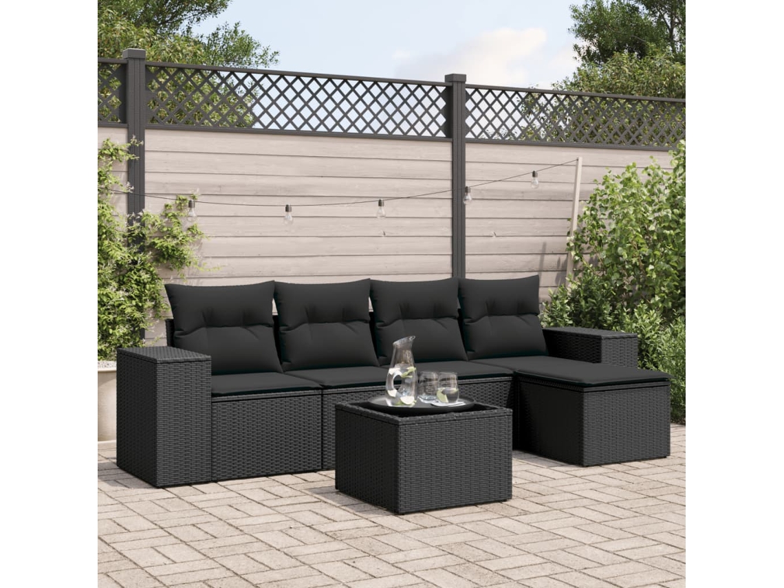 Vidaxl 6 Pcs Conjunto Sofás De Jardim C/ Almofadões Vime Pe Preto