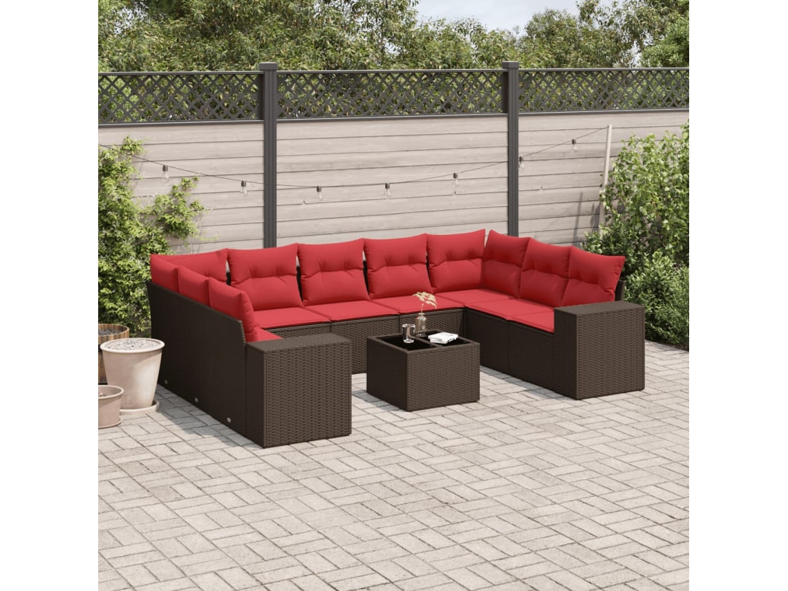 Vidaxl Conjunto De Sofá De Jardim Com 10 Peças E Almofadas Em Rattan Sintético Marrom