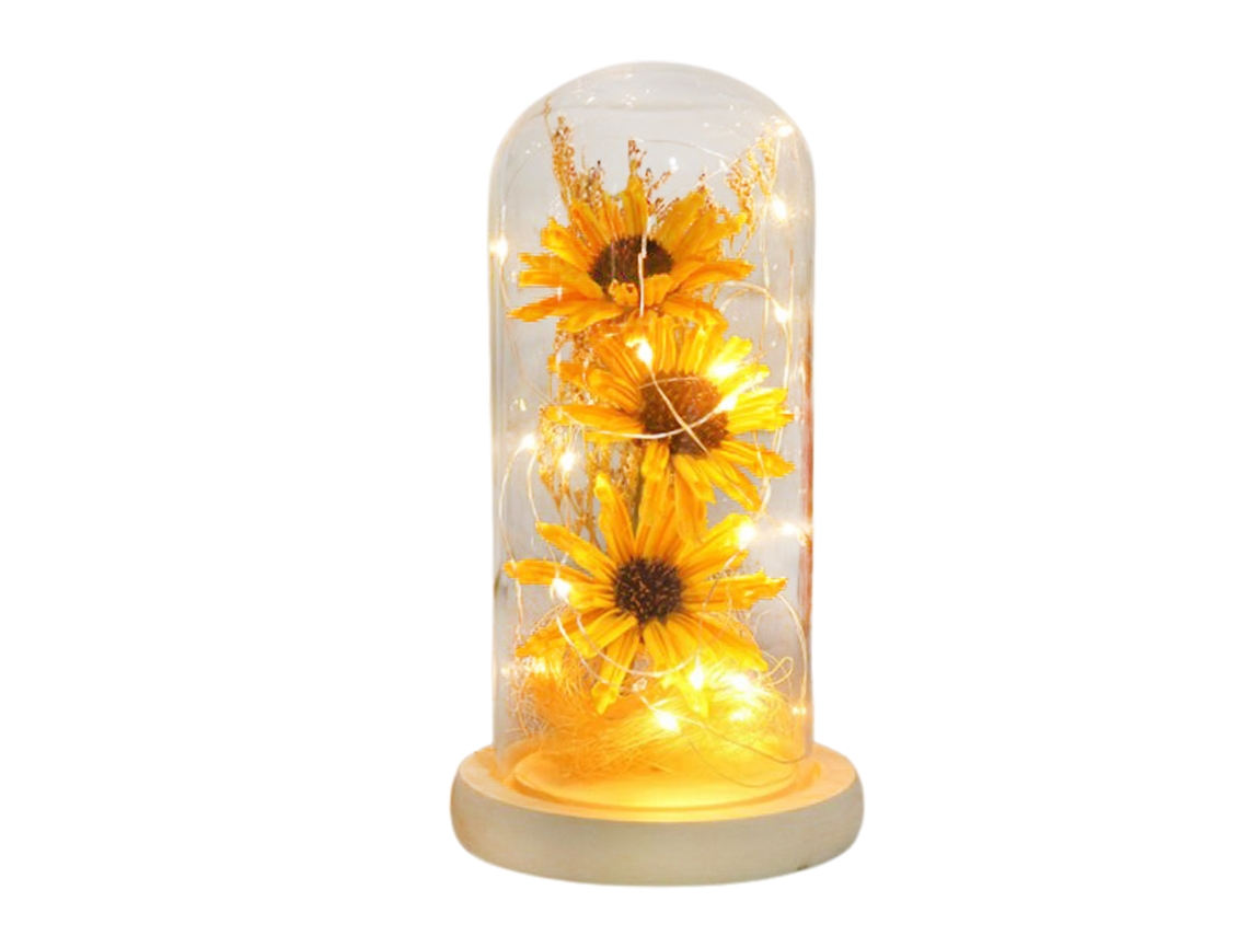 Flor Artificial Girassol Preservado com Luz Led em Cúpula de Vidro Presente Dia Dos Namorados Dia Das Mães