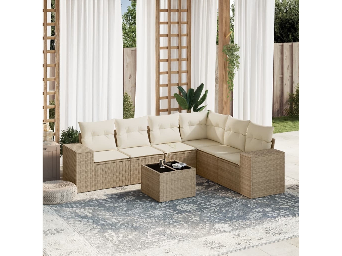 Vidaxl 7 Pcs Conjunto de Sofás P/ Jardim com Almofadões Vime Pe Bege