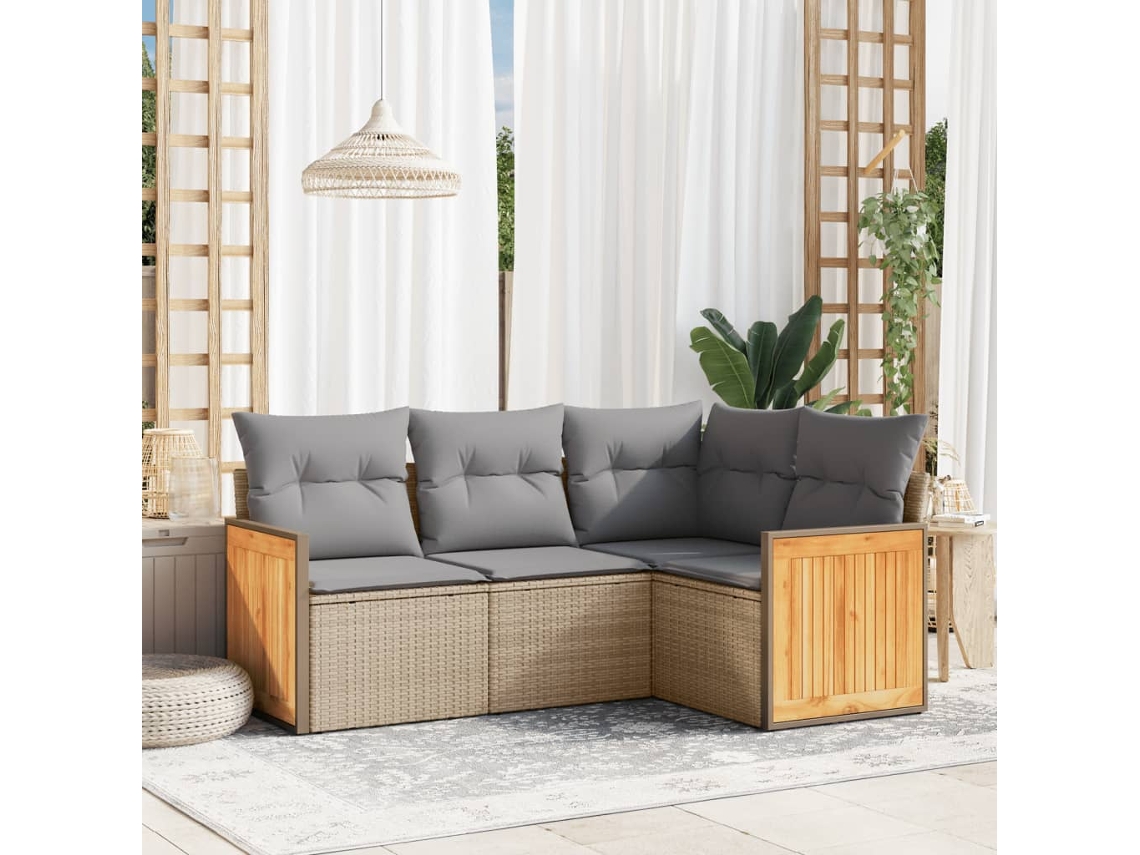 Vidaxl 4 Pcs Conjunto De Sofás Para Jardim C/ Almofadões Vime Pe Bege