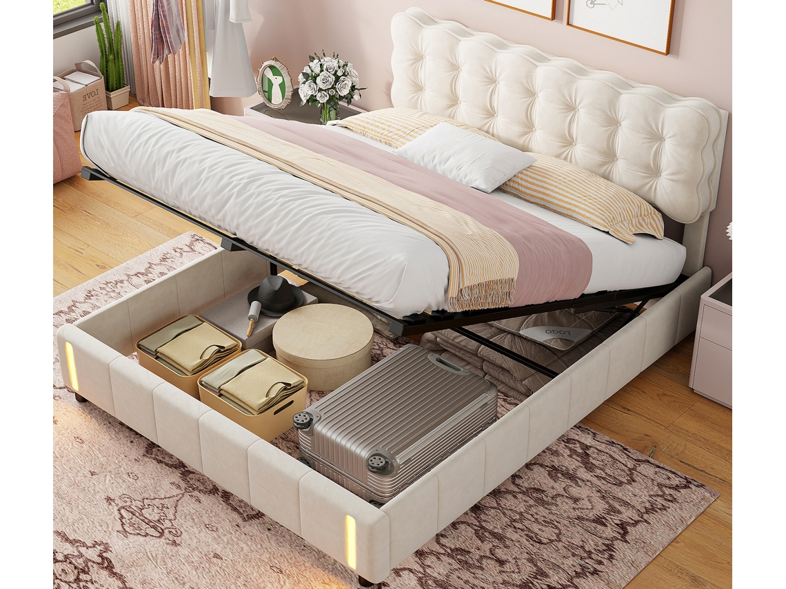 Cama Estofada 160x200 Cm, Cama De Casal, Luzes Led De Indução Do Corpo Humano, Com Caixa De Armazenamento, Tecido De Veludo Bege