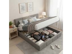 Cama Casal Hidráulica Veludo Listrado Cinza 140x200 Cabeça Ajustável