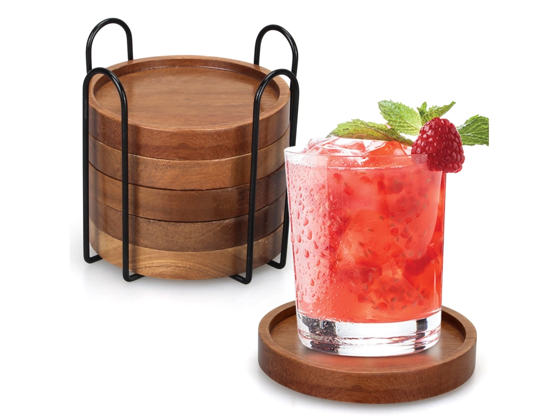 Conjunto De 6 Bases Copos Madeira – Tapetes Calor – Madeira Maciça – Castanho