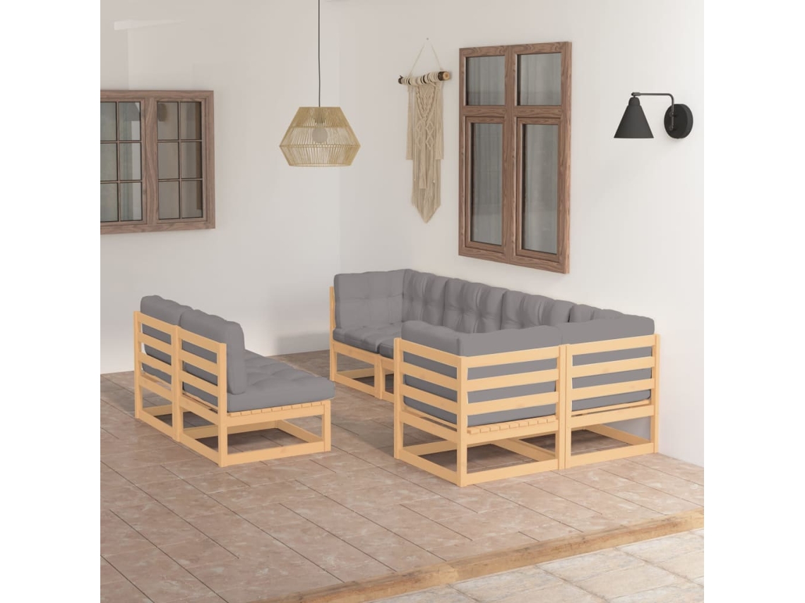 Conjunto Lounge Jardim 7 Peças C/ Almofadões Pinho Maciço Dkd Home Decor