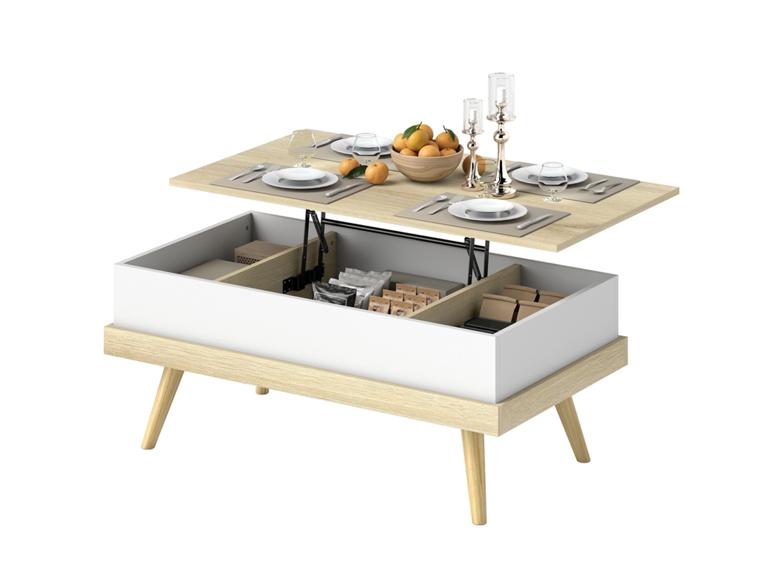 Mesa De Centro Elevatória Com 3 Compartimentos De Armazenamento Ocultos E Pés De Madeira 100x79x54 Cm E Branco