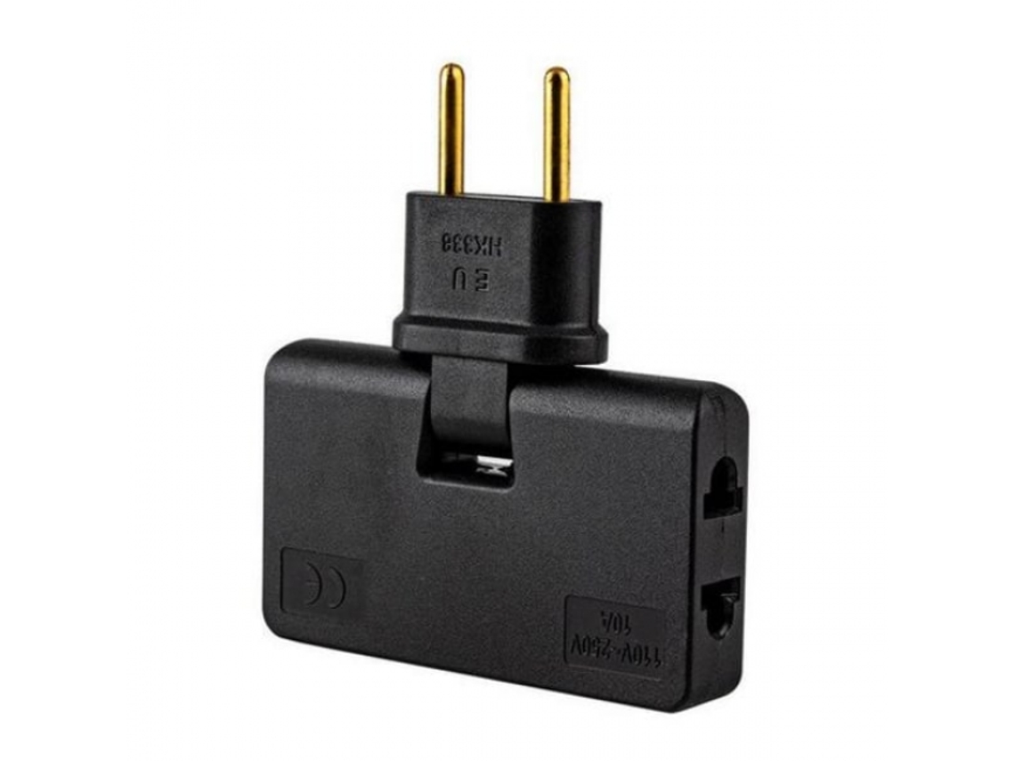 Adaptador De Tomada Europeu Giratório 3 Em 1 Com Extensão 180 Graus, Preto