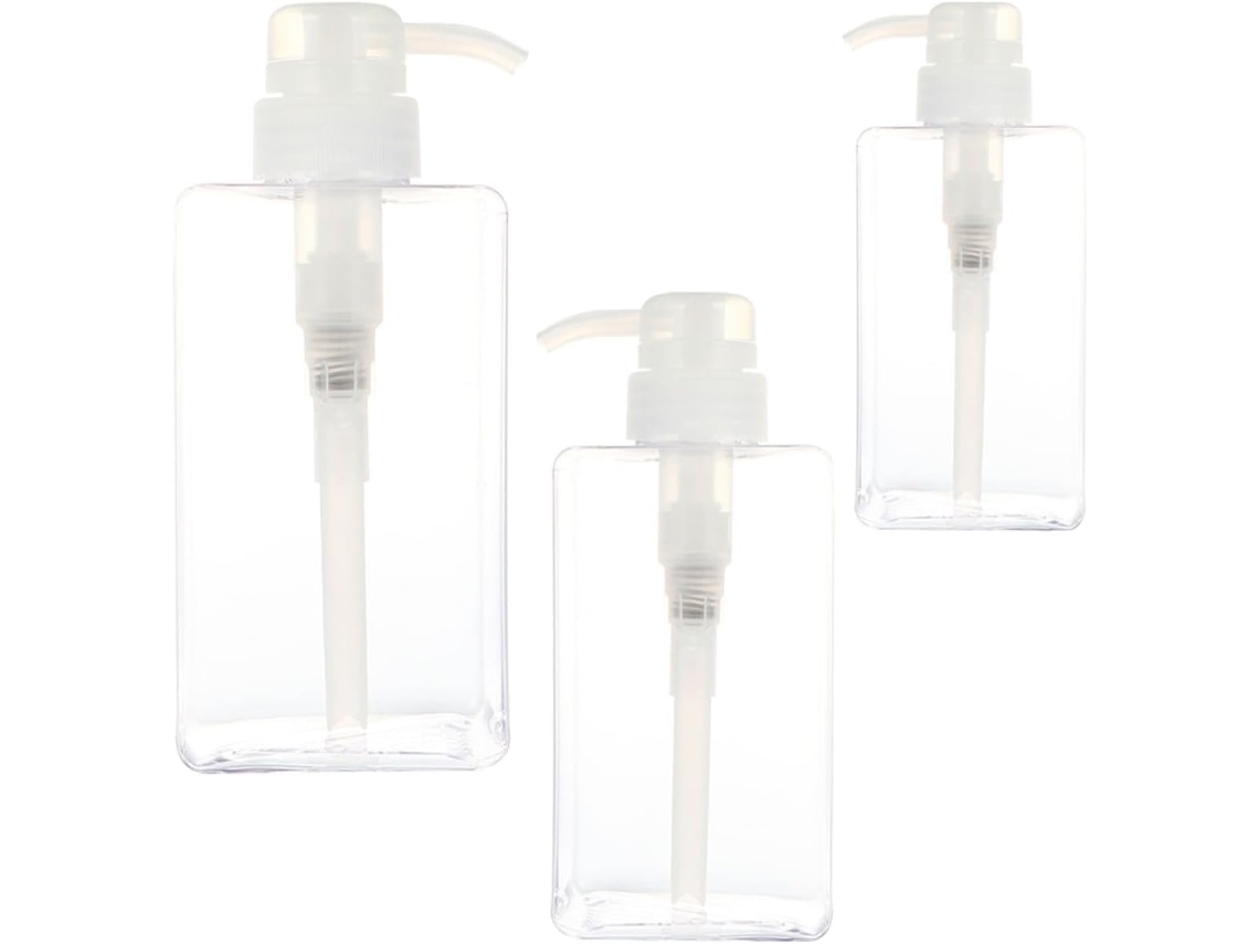Conjunto De 3 Frascos Quadrados Recarregáveis Com Bomba Dosadora Para Loção, 250ml, 450ml E 650ml, Em Plástico.