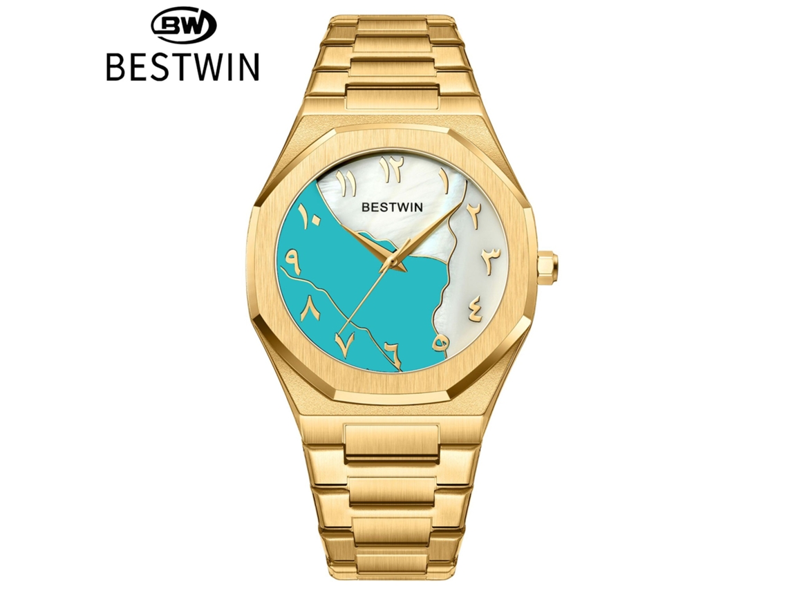 Relógio Masculino com Mostrador em Madrepérola. MDUG (azul Tiffany Dourado)