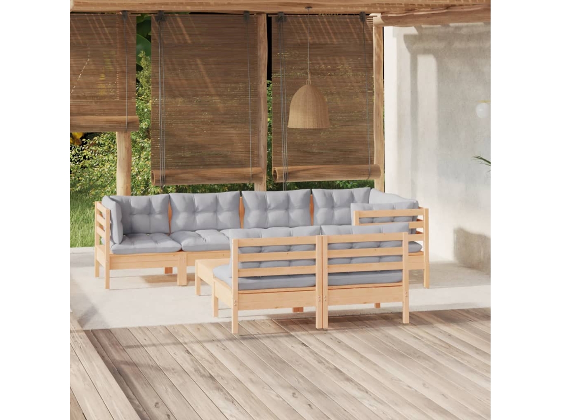 Vidaxl 8 Pcs Conjunto Lounge De Jardim + Almofadões Cinza Pinho Maciço