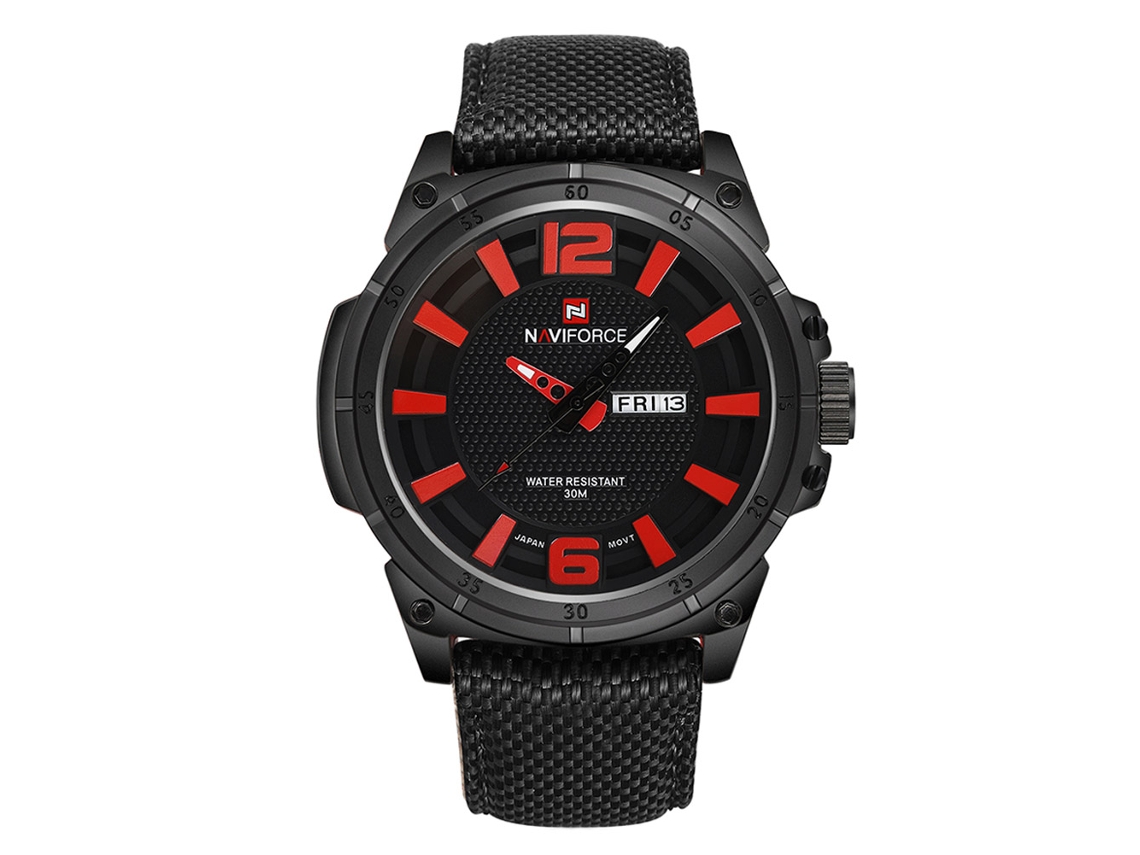 Relógio de quartzo masculino Naviforce com pulseira de nylon à prova d'água, calendário comercial, vermelho.