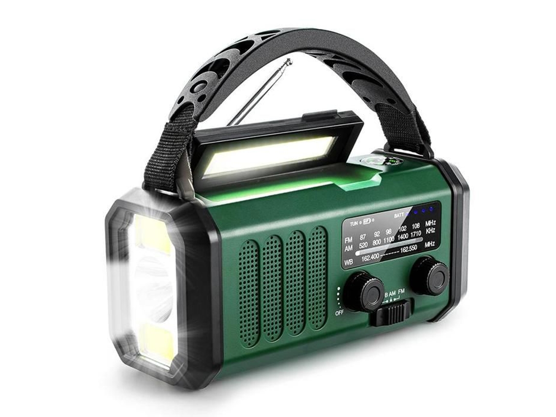 Radio Portable De Polyvalente Pour Outdoor, Am/fm, Recharge Manivelle, Solaire Et Usb, 10000mah, Power Bank, Lampe - Vert Foncé