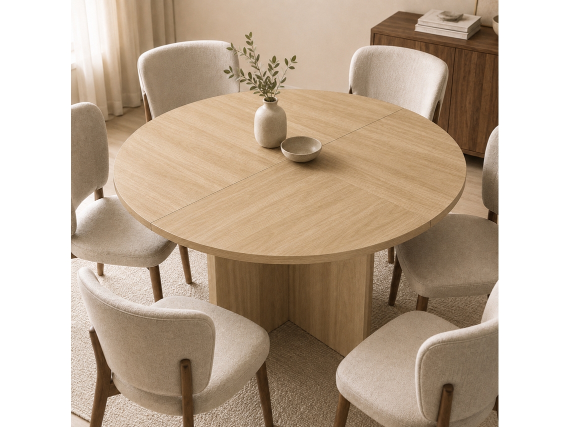 Mesa Redonda 120×120cm Para 4-6 Pessoas, Estilo Escandinavo Minimalista Tonalidade Carvalho