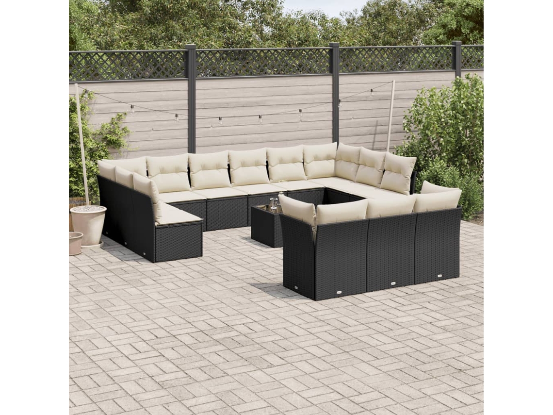Vidaxl 14 Pcs Conjunto De Sofás P/ Jardim C/ Almofadões Vime Pe Preto
