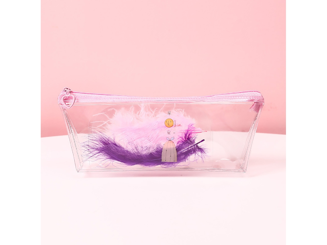 Estojo Transparente Com Zíper Decorativo Em Formato De Pena Desenho Animado . Aquaforge (rosa Estampa Penas)