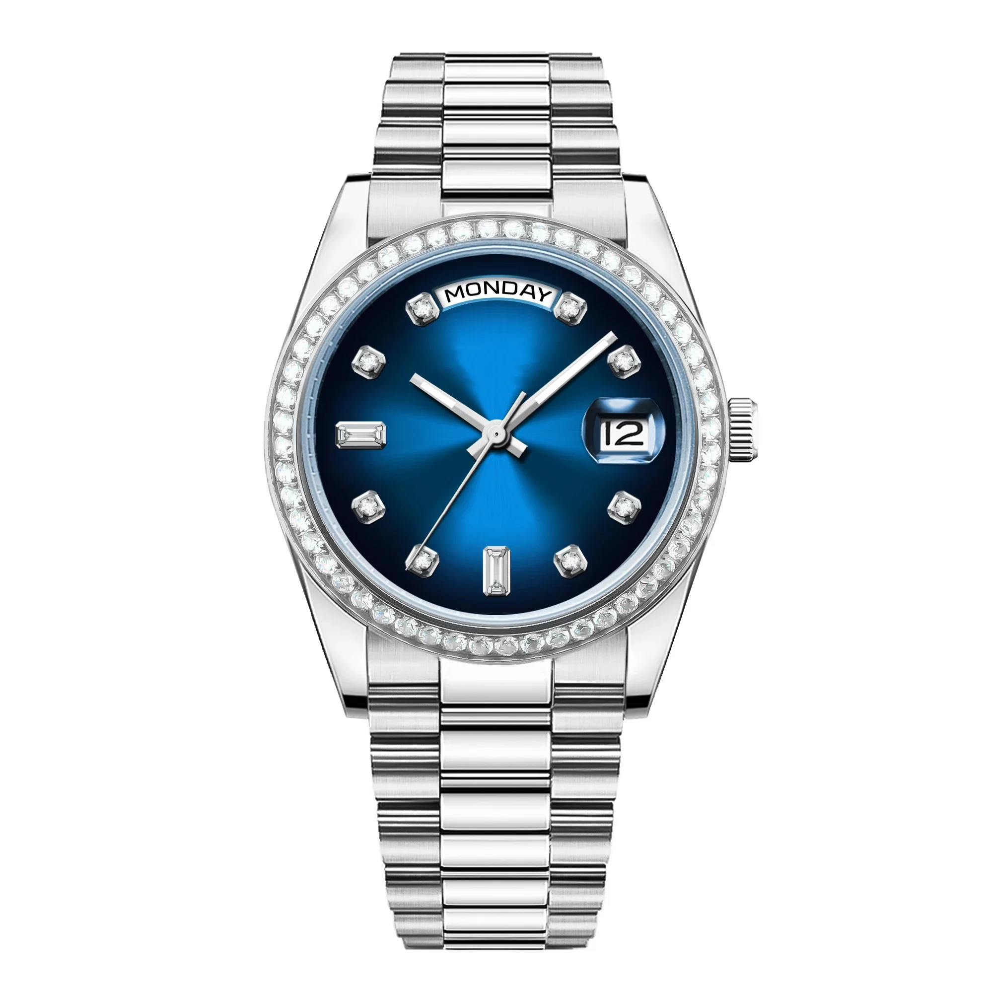 (azul) Relógio Masculino Mecânico Cravejado De Diamantes, 36/39 Mm, Cristal De Safira Resistente À Água Até 100 M