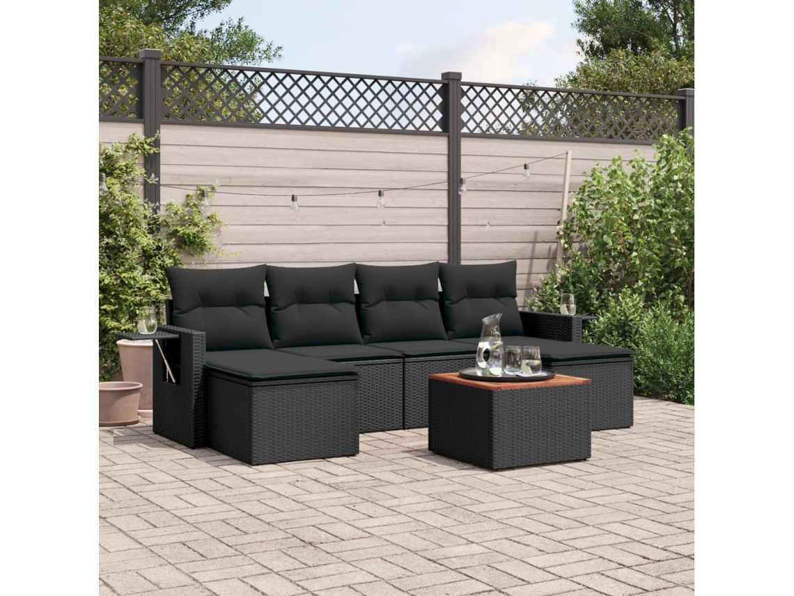 Vidaxl 7 Pcs Conjunto De Sofás P/ Jardim C/ Almofadões Vime Pe Preto