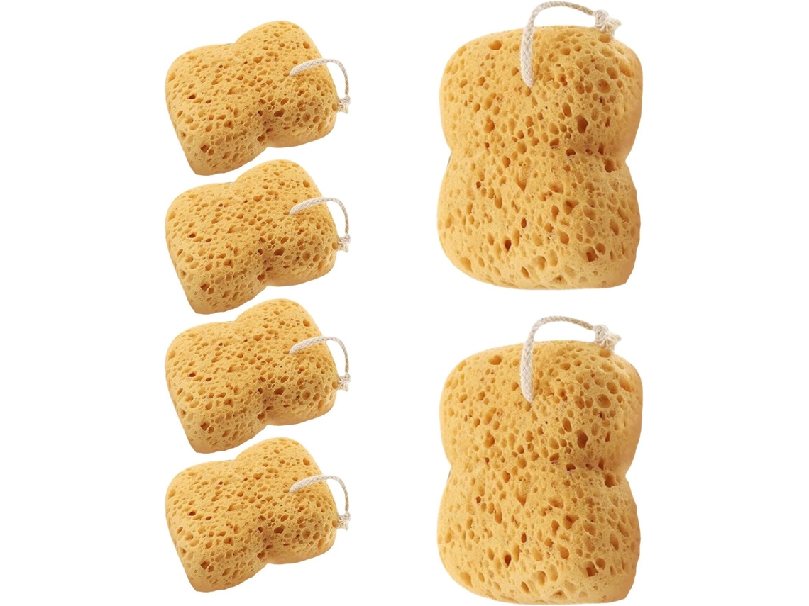 Conjunto de 6 esponjas de banho esfoliantes naturais com textura que favorece a pele.