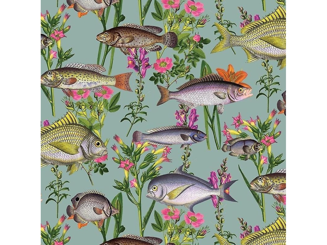 Papel De Parede Peixes Lagoa Holden Com Fundo Verde-azulado E Design Ilustrado Vibrante Verde-azulado