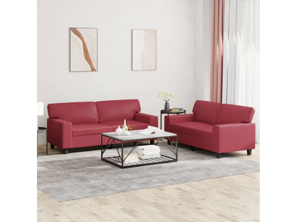 Vidaxl 2 Pcs Conjunto De Sofás Couro Artificial Vermelho Tinto