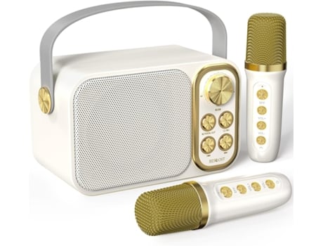 Máquina de karaokê com 2 microfones sem fio, caixa de som portátil Bluetooth com 7 efeitos sonoros, ideal para festas e viagens, Kklo branco