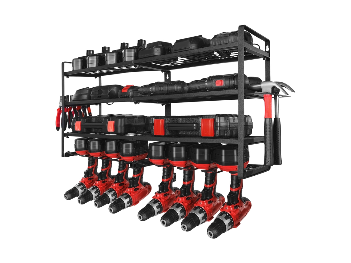 Organizador de Ferramentas Elétricas Parede, Prateleira Armazenamento 4 Camadas com 8 Porta brocas, para Chaves Fenda, Garagem, Banco Trabalho e
